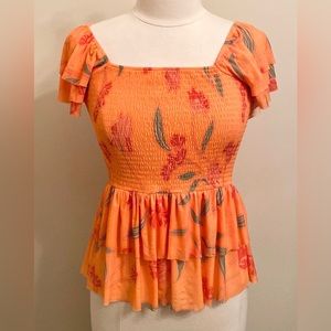DR2 Orange Floral Smocked Tiered Short Sleeve Square Neck Babydoll Top Size M